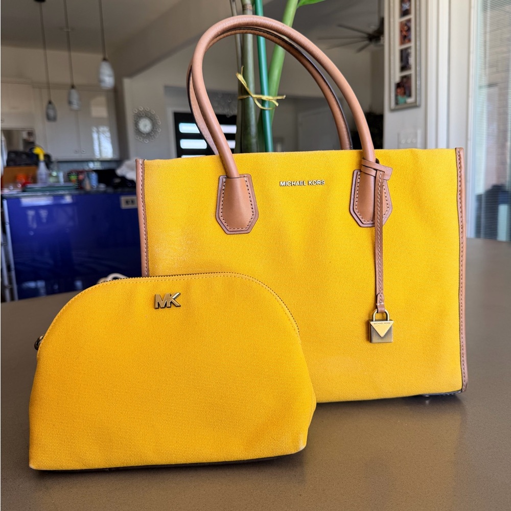 Michael Kors Yellow Canvas Shoulder Hand Bag & Travel Pouch | Summer Style